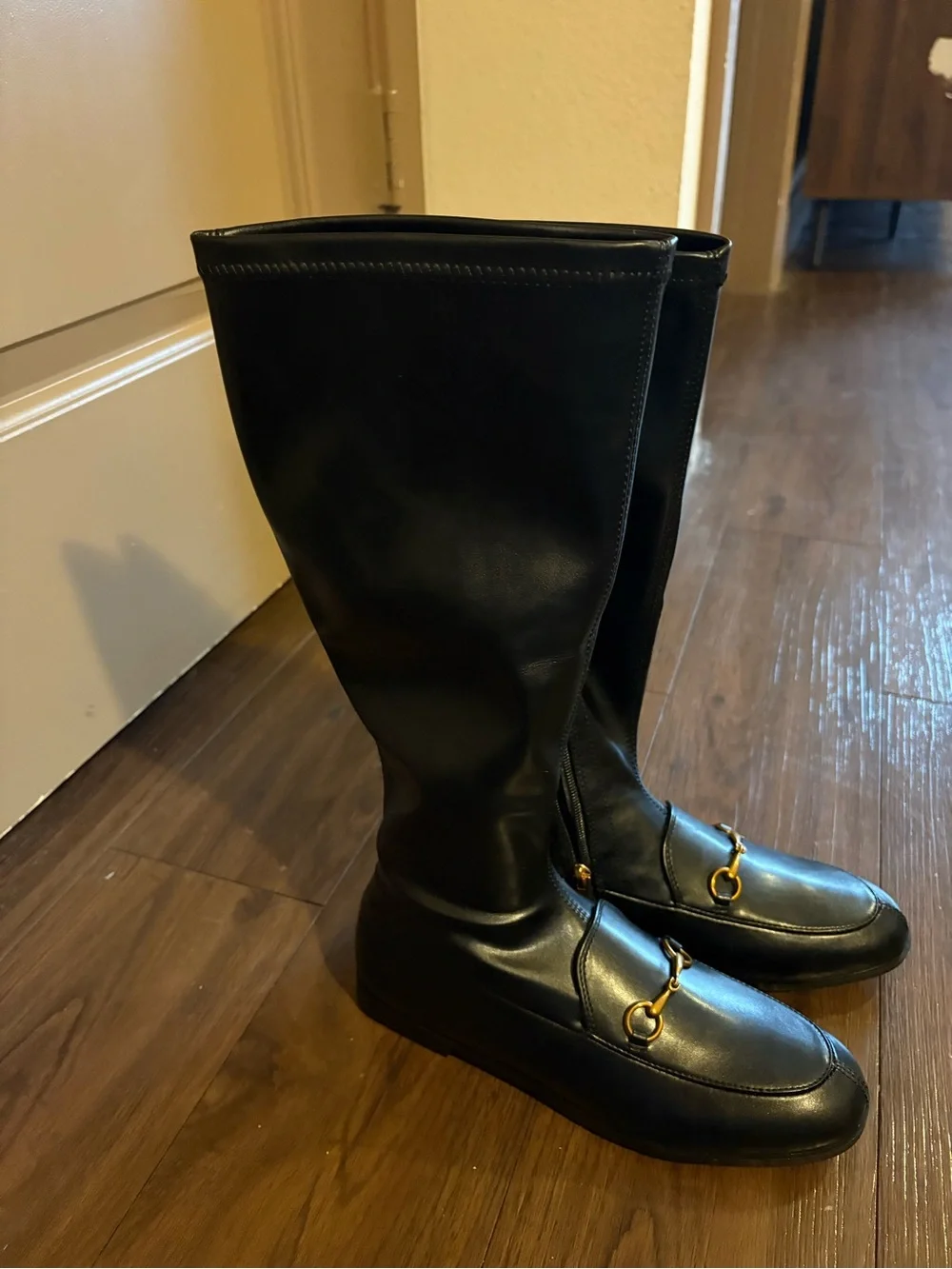 Knee High Boots for Women Almond Toe Buckle Boots Faux Leather Elastic Boot Side
